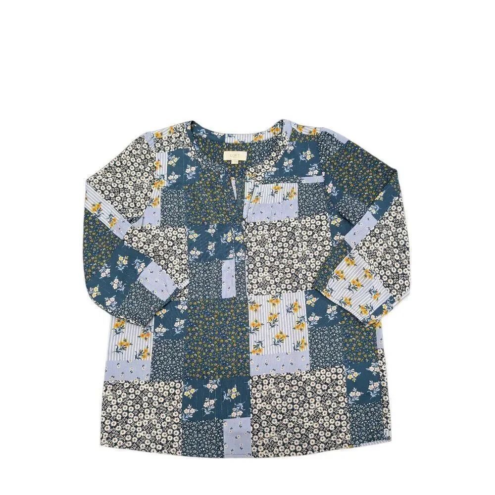 Loft Blue Floral Long Sleeve Tunic Blouse V-Neck Blue Women’s Size Small